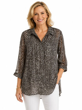 Chicos Dark Brown Chiffon Button Up Top Roll Tab 3/4 Sleeve Sheer sz 2 / L